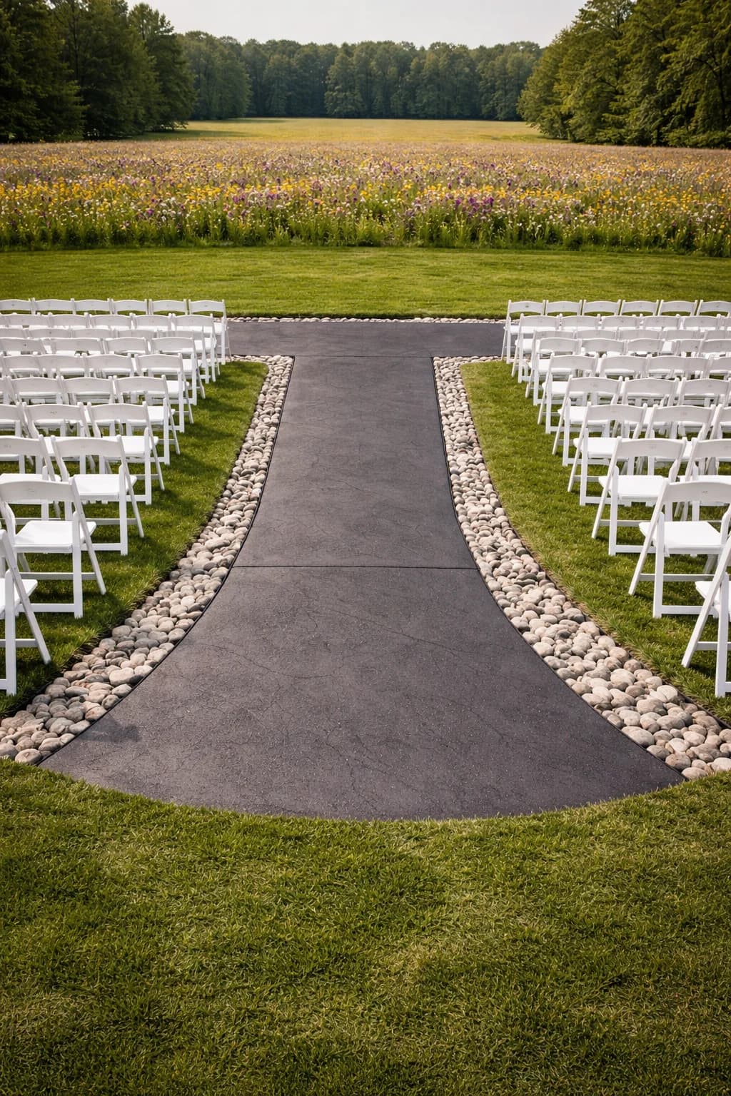 Dark outdoor ceremony walkway with stone borders between rows of white chairs