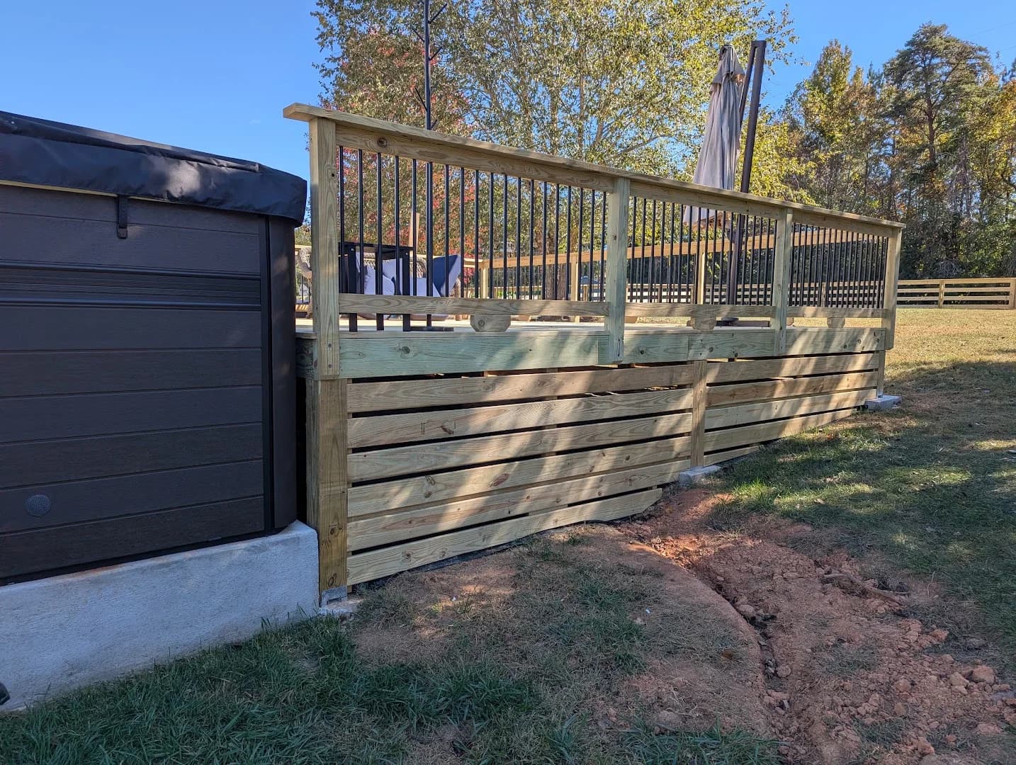 Completed large wood deck connected to a screened porch
