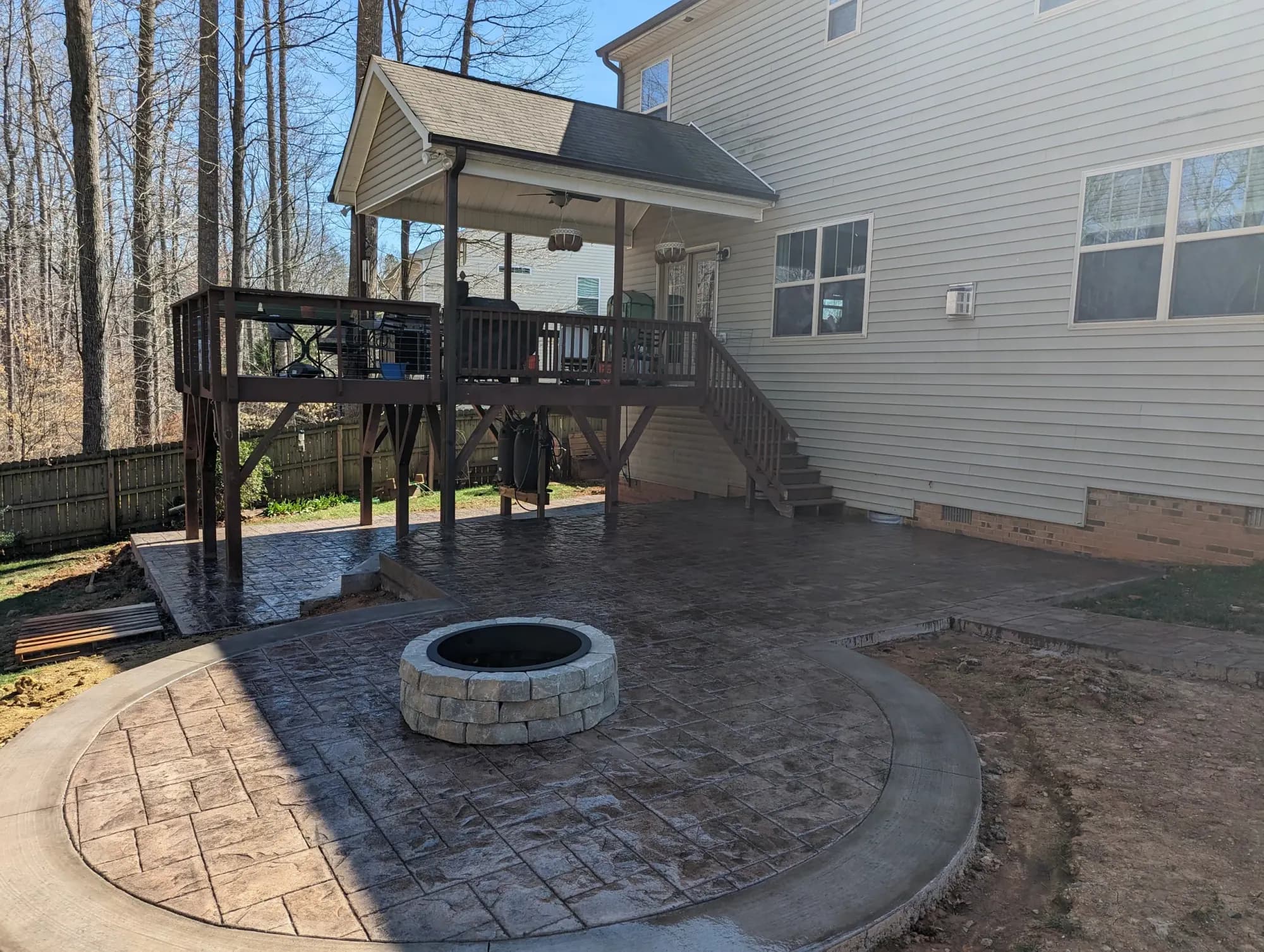 Small ashlar slate stamped concrete walkway, patio and steps in buff with Antique-It gray, High Point, NC